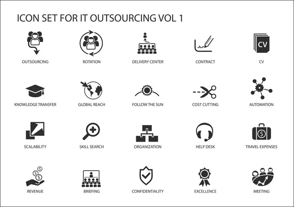 Vários ícones de vetor de modelo Outsourcing e offshore de TI para um modelo operacional global —  Vetores de Stock