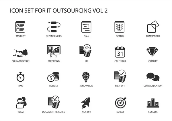 Varios iconos vectoriales de Outsourcing de TI y modelos offshore para un modelo operativo global — Vector de stock