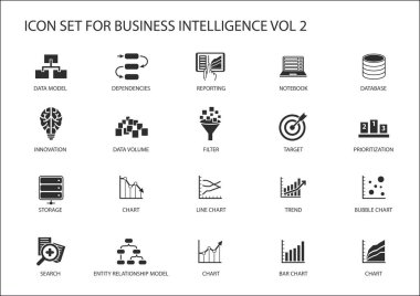 Business intelligence (BI) vector icon set clipart