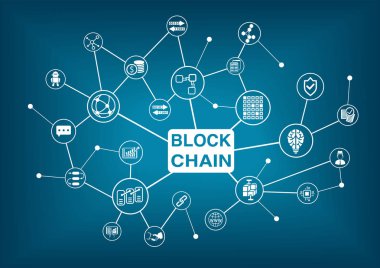 Simgelerle Blockchain sözü vektör çizim