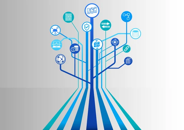 Fundo vetorial Blockchain com vários ícones como banco de dados distribuído, transferência anônima e criptomoeda . — Vetor de Stock