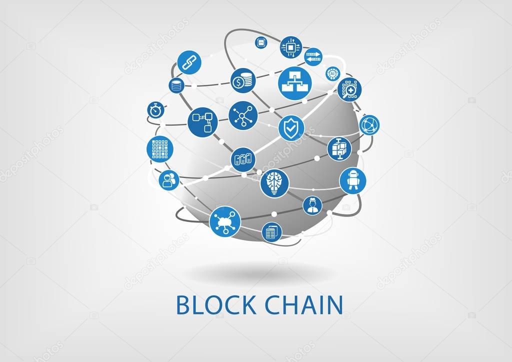 Block chain vector illustration with connected globe on light grey background