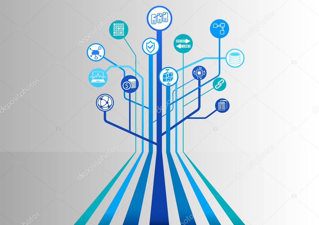 Blockchain vector background with various icons like distributed database, anonymized transfer and crypto-currency.