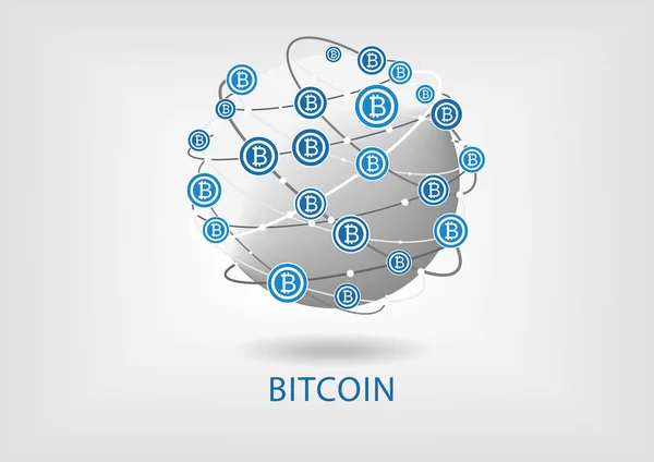 Bitcoin vektorové ilustrace s zeměkoule na šedém pozadí — Stockový vektor
