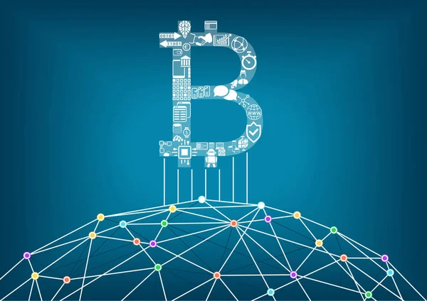 Kripto para birimleri ve blok zinciri teknoloji için bir örnek olarak bağlı internet ile Bitcoin vektör çizim arka plan — Stok Vektör