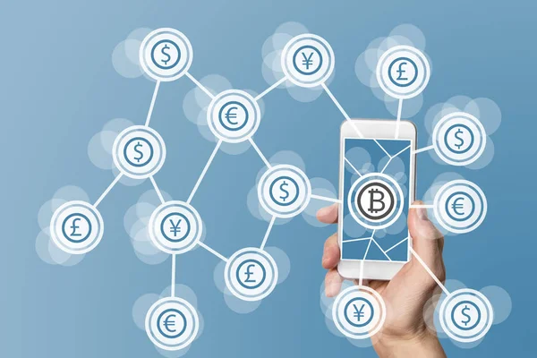 Blockchain und Bitcoin Technologie und Mobile Computing Konzept auf blauem Hintergrund — Stockfoto