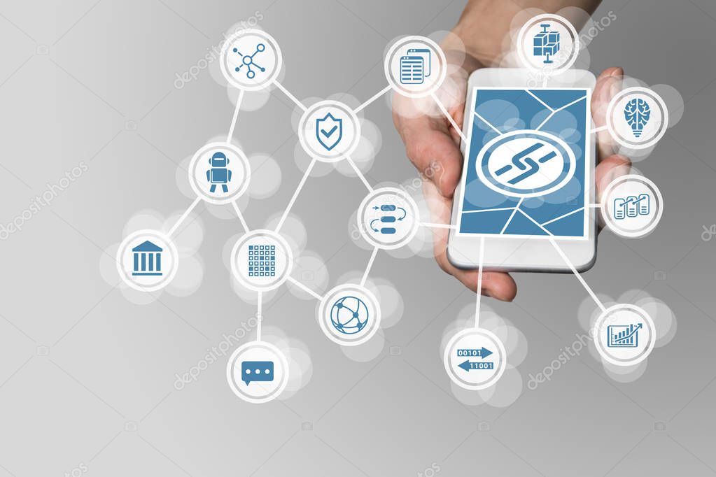 Blockchain concept with hand holding modern smart phone as example for fin-tech technology