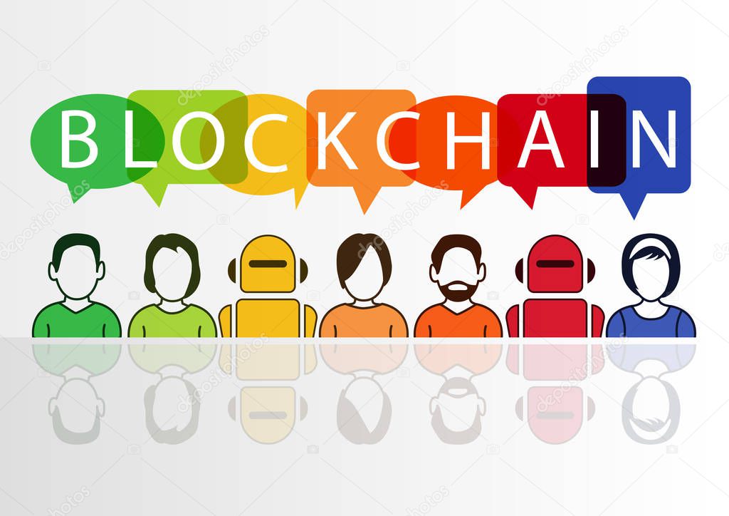 Blockchain vector illustration with text displayed in colorful speech bubbles