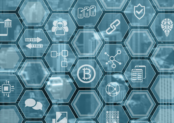 Bitcoin and blockchain blue and grey background with blurred city skyline and polygon overlay