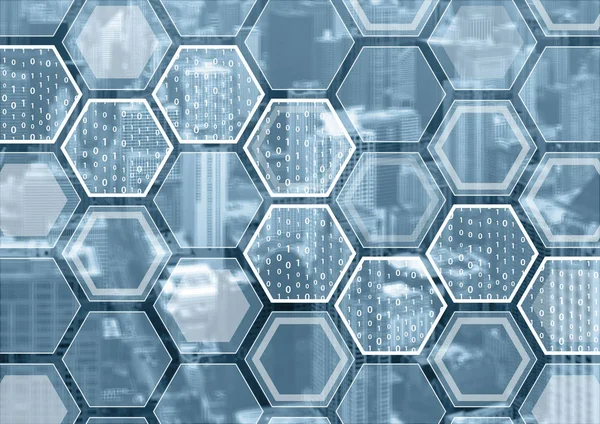 Blockchain ή ψηφιοποίηση μπλε και γκρι φόντο με εξαγωνικό σχήμα μοτίβο — Φωτογραφία Αρχείου