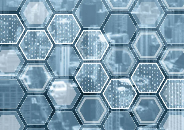 Blockchain eller digitalisering blå och grå bakgrund med hexagonala mönster — Stockfoto