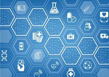 Altıgen şekillerle elektronik e-Sağlık mavi vektör arka plan