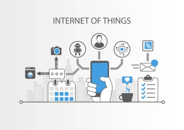 Internet şeyler çok kavramı ile gri arka plan üzerinde basit kutsal kişilerin resmi