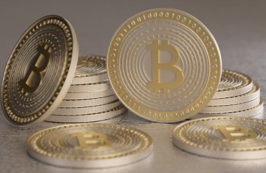Altın ve gümüş yakın bitcoin Kripto para birimi para dağınık metal katta