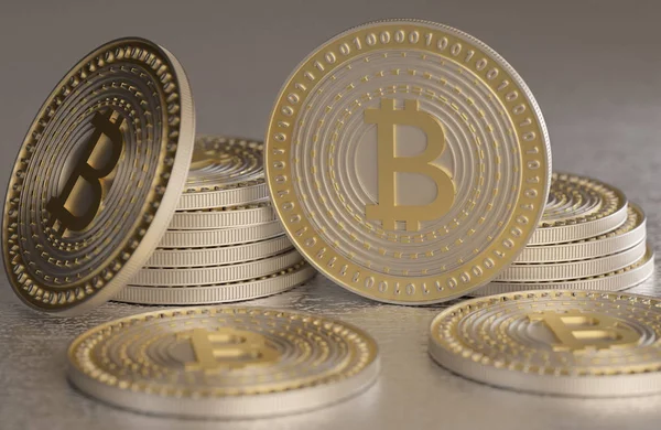 Close up of gold and silver bitcoin crypto currency money scattered on metal floor — Stock Photo, Image
