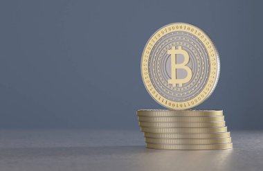 Altın ve gümüş bitcoins Kripto-para önünde mavi arka plan bulanık için örnek yığını