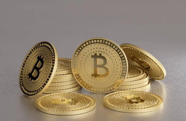 Empilement de bitcoins d'or sur le plancher métallique comme concept de crypto-monnaie virtuelle — Photo