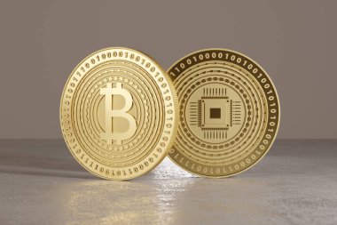 İki parlak altın bitcoins metal katta kavram Finans teknolojileri ve Kripto-para birimi olarak ayakta