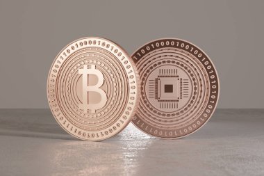 Finans teknolojileri ve online banka için örnek olarak ön plan odaklı iki bakır bitcoins, yakın çekim