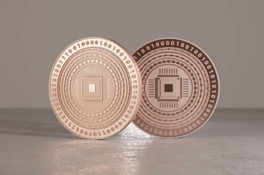 Bitcoins, fin-tech veya online banka için örnek olarak metal katta bakır dijital paralar