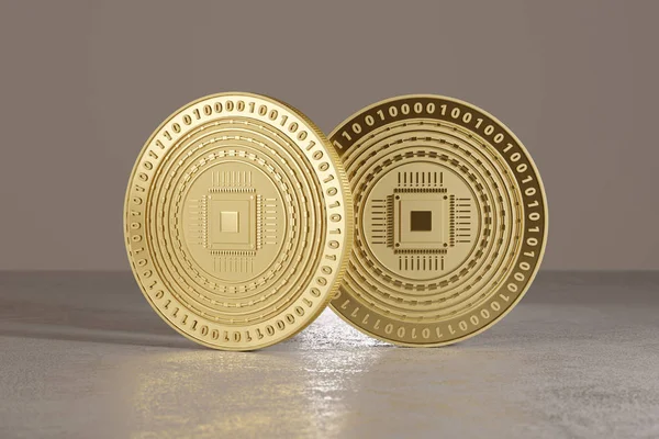 Bitcoin, çevrimiçi bankacılık veya fin-tech için örnek olarak cpu logolu metal katta altın sikke