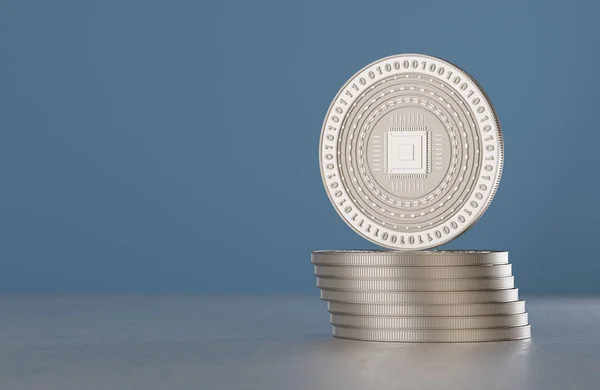 Montón de monedas de plata criptomoneda con símbolo de la CPU como ejemplo para la moneda digital, banca en línea o aleta de tecnología — Foto de Stock