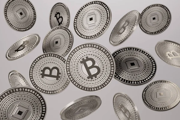 Close up of silver bitcoins tossed into the air as example for blockchain and crypto-currency concept — Stock Photo, Image