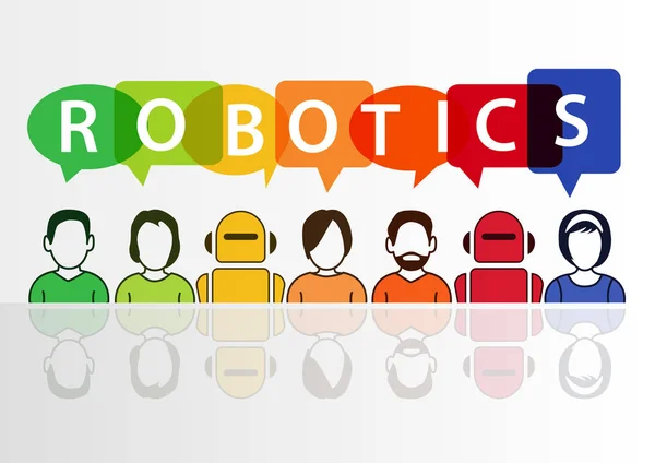 Concepto de robótica y robots con texto sobre fondo blanco — Archivo Imágenes Vectoriales