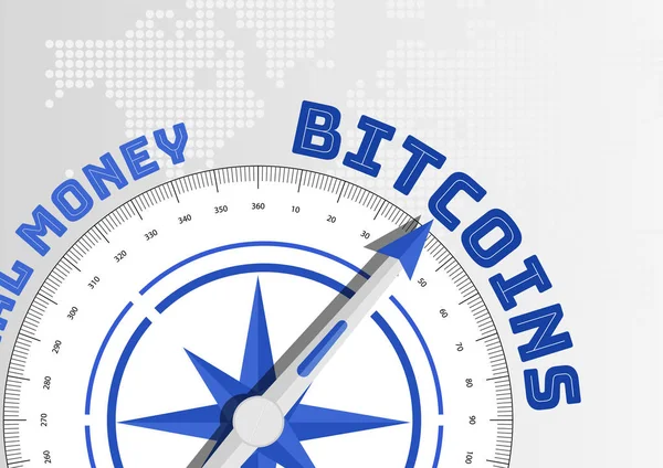 Bitcoin концепції з компасом вказуючи на текст — стоковий вектор