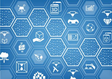 3D baskı kavramı mavi arka plan olarak vektör çizim