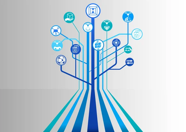 3D Printing and 3D Print blue background as vector illustration with parallel lines branching out into a tree structure — Stock Vector