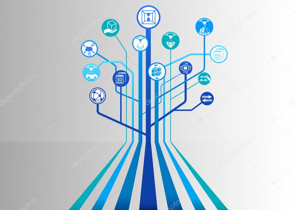 3D Printing and 3D Print blue background as vector illustration with parallel lines branching out into a tree structure