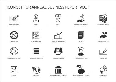 Basit düz tasarım iş ikonları/simgeleri için yıllık şirket iş raporu