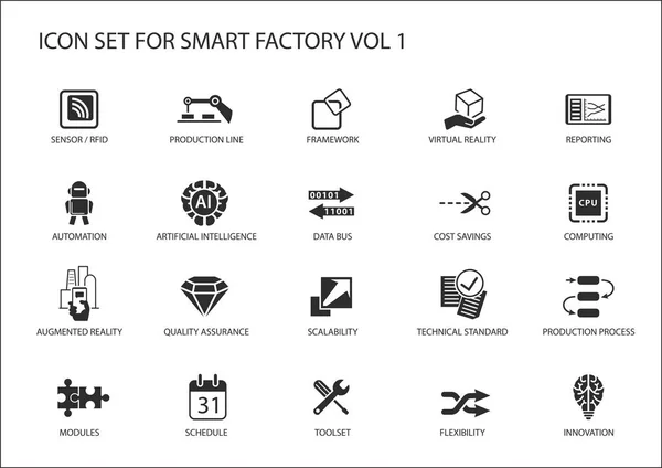 Icônes vectorielles d'usine intelligente comme le capteur, rfid, processus de production, automatisation, réalité augmentée — Image vectorielle