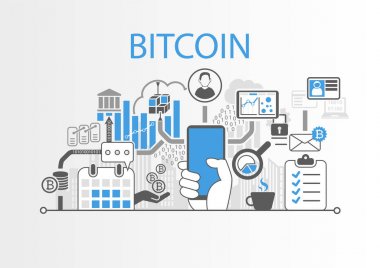 Bitcoin vektör arka plan illüstrasyon smartphone ve simgeler tutan el ile