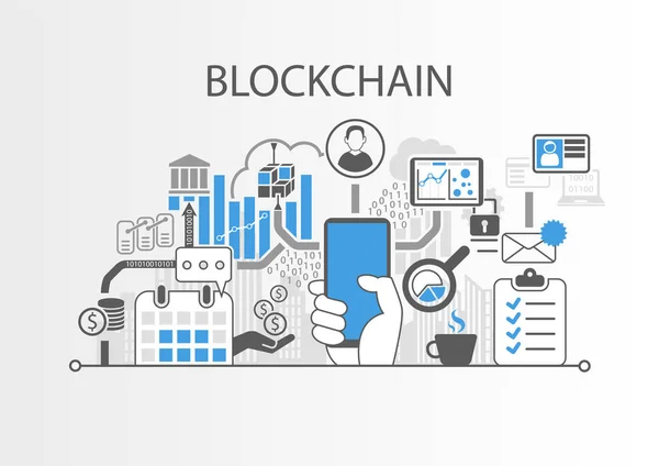 Ilustración de fondo de vector de cadena de bloques con teléfono inteligente de mano e iconos — Vector de stock