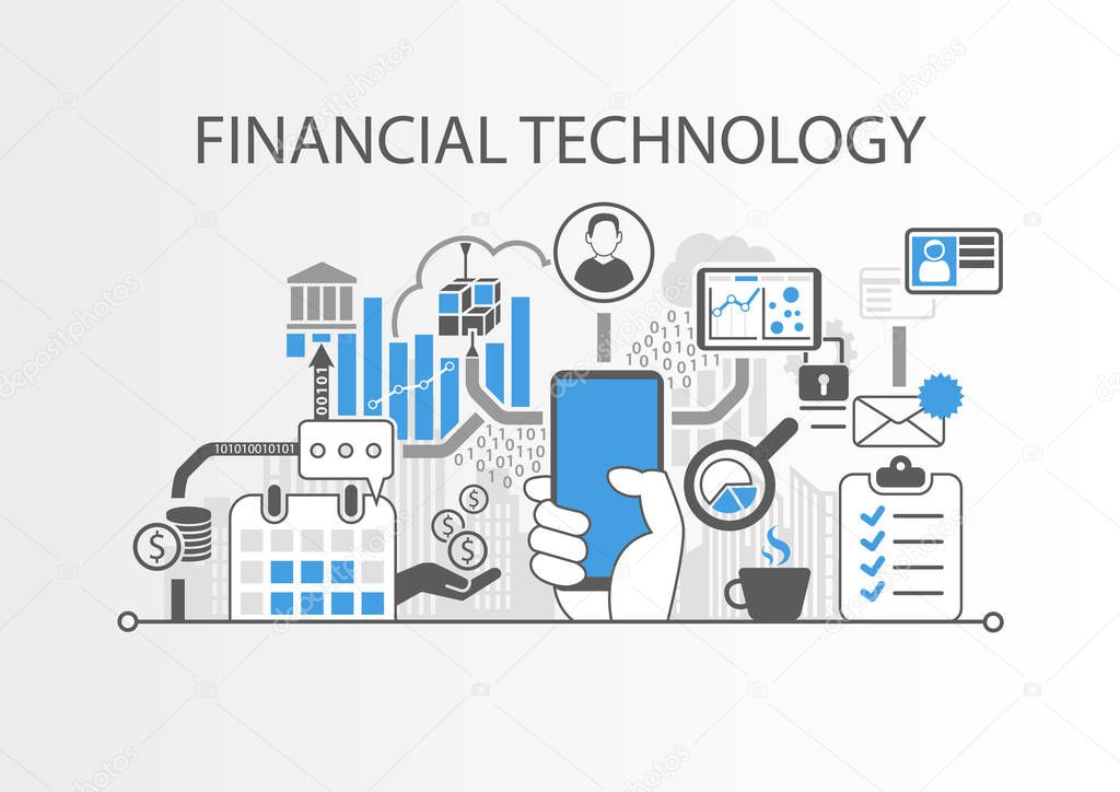 Financial Technology / Fin-Tech concept vector background with hand holding smartphone