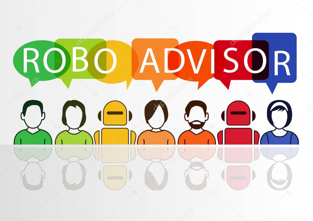 Robo-advisor concept as vector illustration with colorful icons of robots and persons