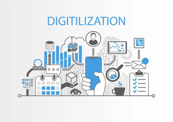 베젤-무료 스마트폰 들고 손으로 벡터 일러스트 레이 션으로 Digitilization 개념 — 스톡 벡터