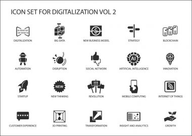 Digitalization icon vector set for topics like big data, business models, 3D printing, disruption, artificial intelligence, internet of things clipart