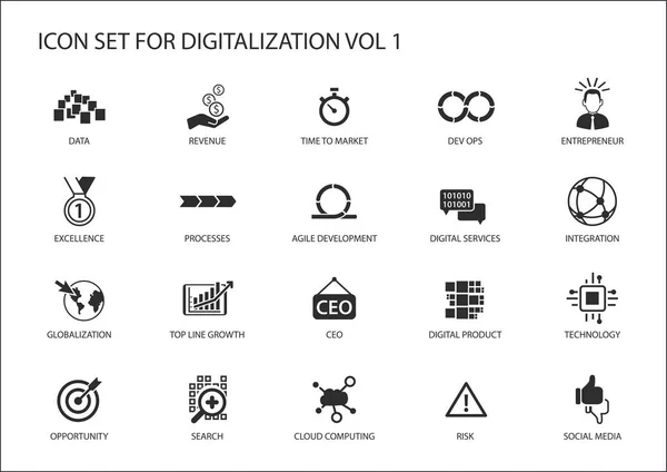 Digitalizálás vektor ikonkészlet a témákhoz, mint agilis fejlesztés, a dev ops, a globalizáció, a lehetőséget, a cloud computing, keresés, vállalkozó, integráció, digitális szolgáltatások — Stock Vector