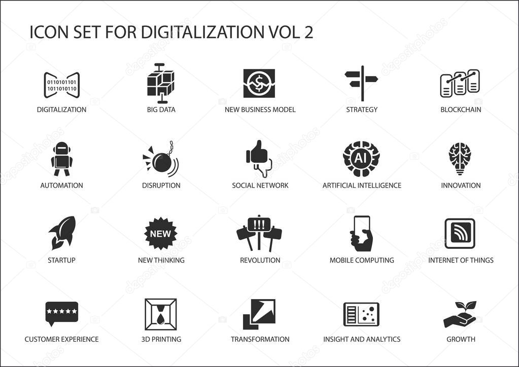 Digitalization icon vector set for topics like big data, business models, 3D printing, disruption, artificial intelligence, internet of things