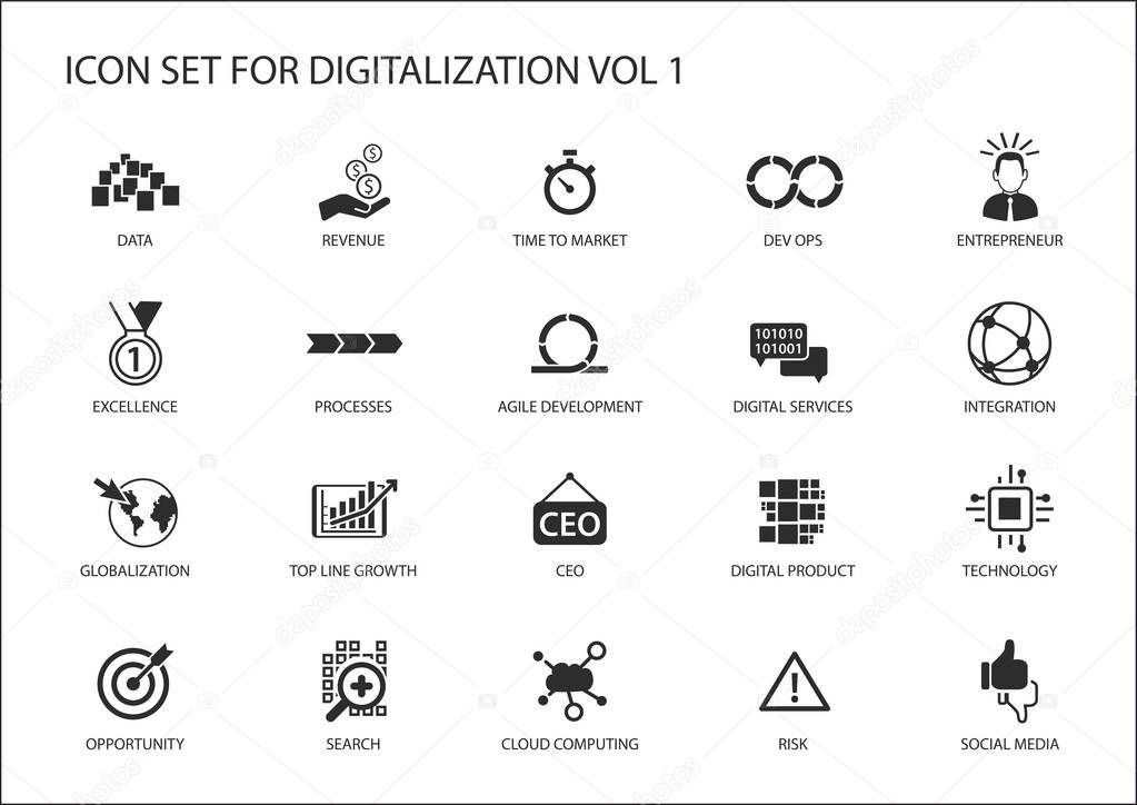 Digitalization icon vector set for topics like agile development, dev ops, globalization, opportunity, cloud computing, search, entrepreneur, integration, digital services