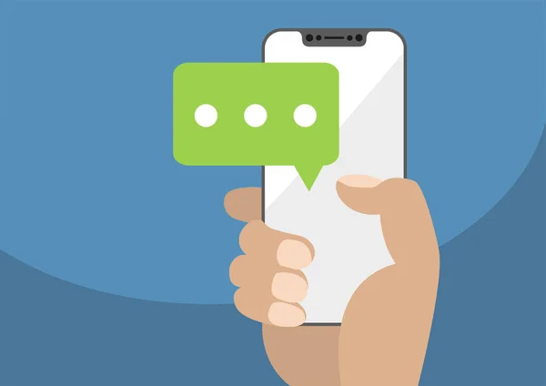 Vektor-Illustration der Hand hält Lünette frei / rahmenloses modernes Smartphone mit Chat-Symbol, um mobiles Chatten und Gespräche zu symbolisieren — Stockillustration Vektor-Illustration der Hand hält Lünette frei / rahmenloses modernes Smartphone mit Chat-Symbol, um mobiles Chatten und Gespräche zu symbolisieren — Stockvektor
