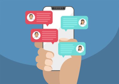 Modern çerçeve ücretsiz / çerçevesiz smartphone ile sohbet iletisi bildirimlerini tutan el. Çatırdamak konuşma balonları örnek olarak sohbet, sohbet, online iletişim kavramı.