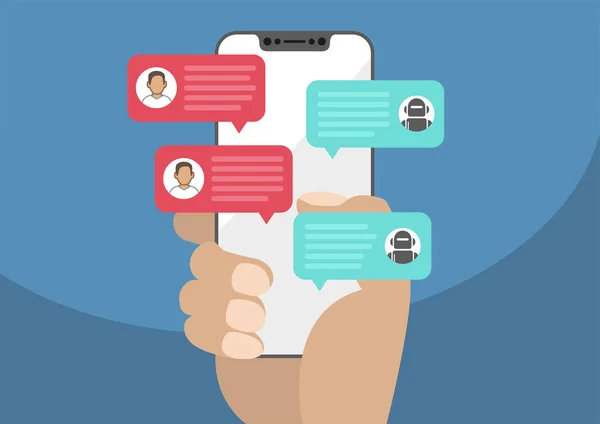 Çerçeve ücretsiz / çerçevesiz smartphone elinde tutan ve sohbet bot robot ile sohbet dostum. Sohbet haber tebliğ üstünde smartphone üzerinde mavi arka plan izole