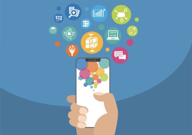Büyük veri ve mobil analytics kavram olarak vektör çizim modern çerçeve ücretsiz / çerçevesiz smartphone ve simgeler tutan el ile