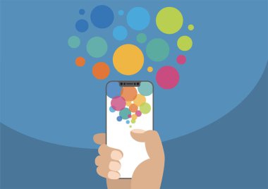 Sonraki nesil çerçeve ücretsiz / çerçevesiz smartphone dokunmatik ekran ile renkli baloncuklar ile vektör çizim olarak tutan el. 