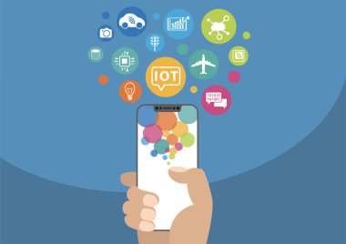 Şeylerin Internet / çok kavramı. Modern çerçeve ücretsiz / çerçevesiz smartphone simgeleri ile tutan el vektör çizim