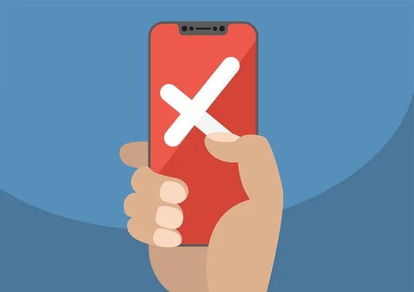 Jelenik meg a piros touchscreen modern keret ingyenes / keret nélkül smartphone, mint fogalom, a hiba / nem sikeres kereszt / visszautasítás-ban mozgatható kiszámítható — Stock Vector